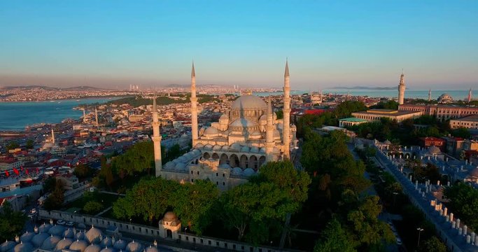 Mystique Suleymaniye Mosque from the sky, aerial view of Istanbul city, Golden Horn, Turkey.