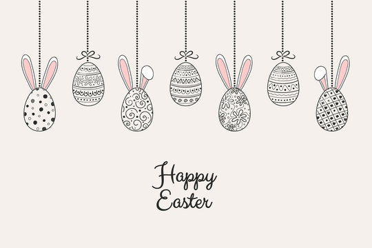 Easter banner with hand drawn eggs and bunnies. Vector