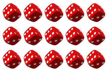 Close up of many playing dice, rotating on white background.