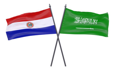 Paraguay and Saudi Arabia, two crossed flags isolated on white background. 3d image