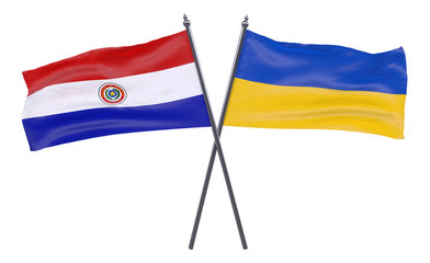 Paraguay and Ukraine, two crossed flags isolated on white background. 3d image