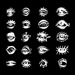 Collection of Hand Drawn Different Eyes Icons. Monochrome Drawing Elements Isolated on Black Background for Design