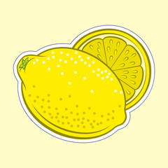 Illustration of Colorful Juicy Stylized Whole and Half Lemon. Icon for Food Apps and Stickers Isolated on a Yellow Background