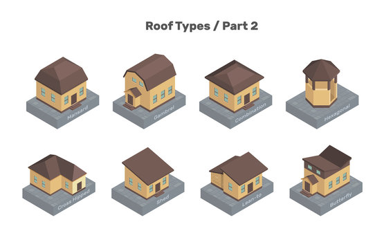 Roof Types vector set. Colored isolated illustrations of isometric houses. The modern types of roofs. Part 2.