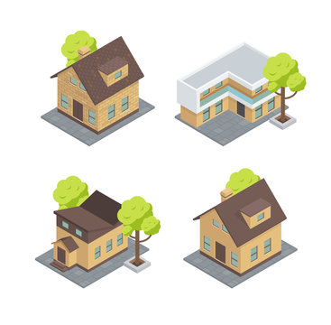 Different types of houses. There are cottages with trees. Tiny house, villa and building with a butterfly roof type.