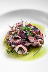 portuguese traditional fresh seafood marinated squid salad in coriander oil