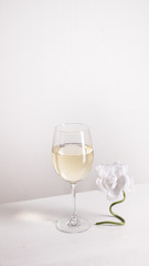 Closeup of transparent clear crystal glass of white wine