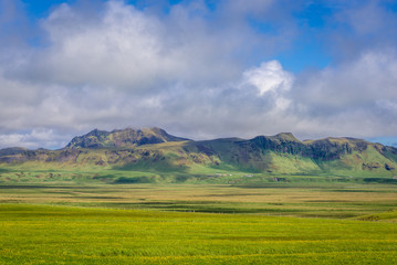 Fototapeta na wymiar Landscape seen from a so called Ring Road, main road in Iceland near Vik town
