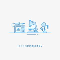 Icons for micro-circuitry.  Radio engineering flat line icons set. Soldering station, microscope and stand for soldering iron.
