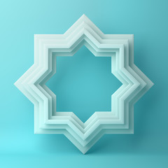 Eight point star paper cut on blue pastel background. Design creative concept for islamic celebration day ramadan kareem or eid al fitr adha. 3d rendering illustration.