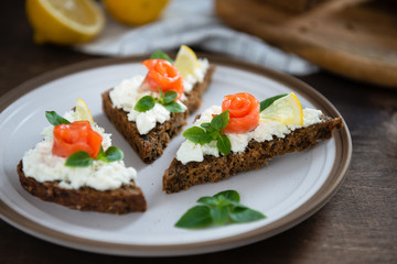 Bread with fresh salmon fillet, cream cheese and lemon on white plate, side view. Close up