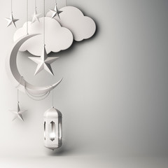 Arabic lantern, hanging cloud, crescent star on white background copy space text. Design creative concept for islamic celebration day ramadan kareem or eid al fitr adha. 3d rendering.