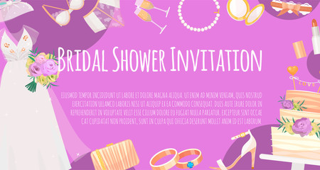 Bridal shower invitation banner vector illustration. Save the date. Wedding accessories such as flower bouquet, dress, glasses with champagne, cake, underwear, shoes, necklace.