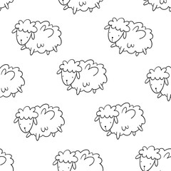 Vector seamless pattern with sheep. Pattern-coloring. Line style.