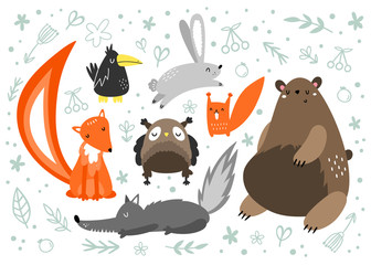 Vector set of animals in Scandinavian, Doodle, hand-drawn styles. Forest animal. Brown bear, hare, Fox, wolf, owl, crow, squirrel.
