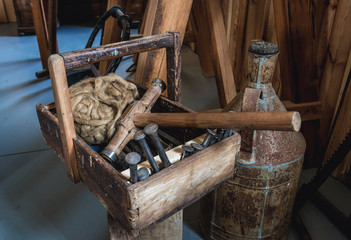 Historical tools in shipyard in Sarilhos Pequenos, small village near Moita, Portugal