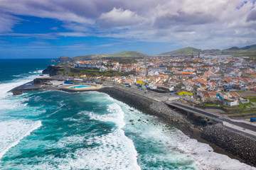 Aerial view of Atlantic coast at Ribeira Grande, Island of Sao Miguel, Archipelago of the Azores, Portugal, Europe.