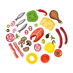 Vector set of pizza ingredients. Hand-drawn style. Cheese, anchovies, pineapple, mushrooms, tomatoes, egg, olives, salami, sausages, paprika, hot pepper, red fish, greens, smoked chicken and bacon.