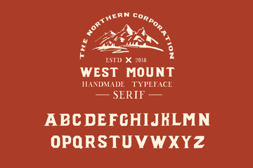 West mount. North. Original. Handmade typeface. Serif font. Color. Authentic typeface. Red. Logo. Style.	