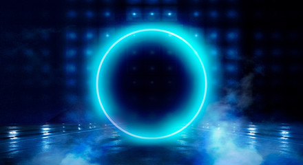 Neon circle, neon lights. Neon circle with spotlights. Abstract light. Night view. Blue abstract background with rays and lines.