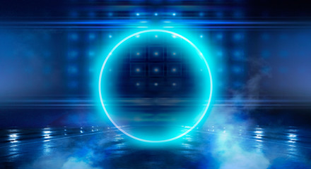 Neon circle, neon lights. Neon circle with spotlights. Abstract light. Night view. Blue abstract background with rays and lines.