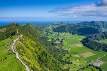 Aerial view of Sete Cidades at Lake Azul on the island Sao Miguel Azores, Portugal. Photo made from above by drone.