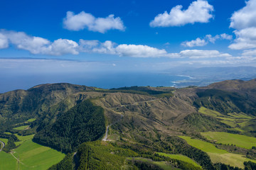 Aerial view of Sete Cidades at Lake Azul on the island Sao Miguel Azores, Portugal. Photo made from above by drone.