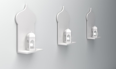 Arabic window shelf and lamp on white background. Design creative concept of islamic celebration day ramadan kareem or eid al fitr adha. 3D rendering illustration.
