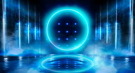 Neon circle, neon lights. Neon circle with spotlights. Abstract light. Night view. Blue abstract background with rays and lines.