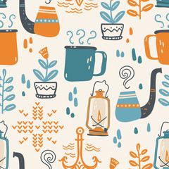 Vector seamless pattern with cozy home things. Pipe, knitting, hot drink, lamp.