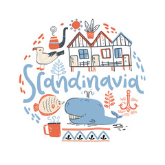 Scandinavia. Hand lettering with design elements in the round. Vector  illustration