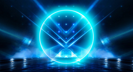 Neon circle, neon lights. Neon circle with spotlights. Abstract light. Night view. Blue abstract background with rays and lines.