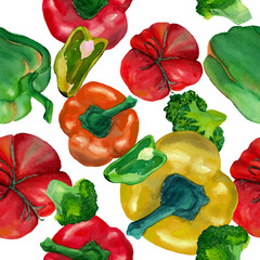 Watercolor seamless pattern with broccoli and bell peppers yellow, green, red and orange colors isolated on white background. Design for textile, menu, packaging. Food theme for kitchen prints.