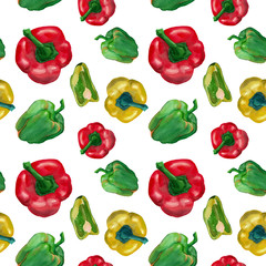 Watercolor seamless pattern with bell peppers red, yellow and green colors, isolated on white background. Design for textile, menu, packaging. Food theme for kitchen prints.