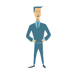 Businessman in suit standing with his hands on waist. Successful entrepreneur, business, strong leader concept illustration. Flat vector illustration. Isolated on white background.