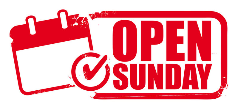 Open sunday rubber stamp or label for business promotion on white background