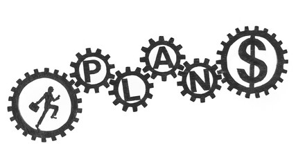 the businessman runs a puzzle in the gear with the word PLAN and symbols of money dollars, euro, yen, pounds sterling. Business concept, strategy, teamwork. creative, innovative, cooperation.