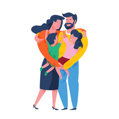 Loving parents hugging children. Happy family concept. Flat vector illustration.