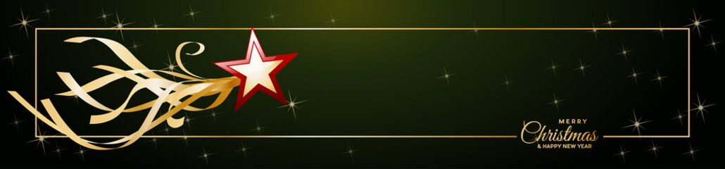 Header Comet star,  Merry Christmas text and golden frame, copy space on background