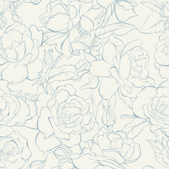 Seamless pattern, background with blooming rose flowers. Outline drawing. Vintage ornament.