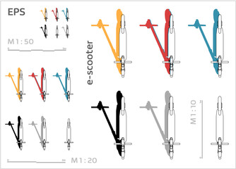 street motorized electric kick e-sooter vector icons set for architectural drawing and illustration, top plan view