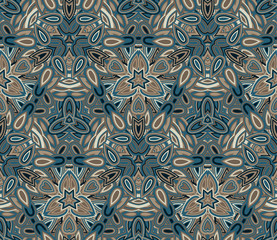 Kaleidoscope seamless pattern, background. Abstract shapes. Useful as design element for texture and artistic compositions.
