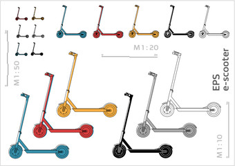 street motorized electric kick e-sooter vector icons set for architectural drawing and illustration, right view