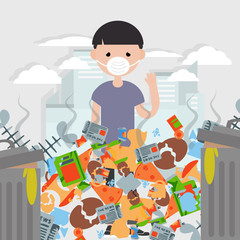 Garbage pollution.The stench.Young character wearing a protective face mask .Flat cartoon design