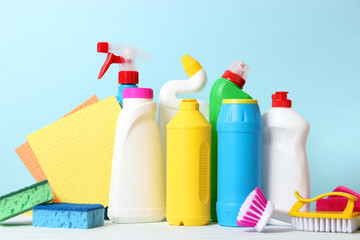 cleaning product on a colored background side view. Professional cleaning products, spring cleaning. Household chemicals