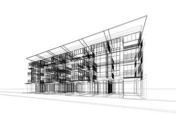 3d wireframe of building. sketch design.