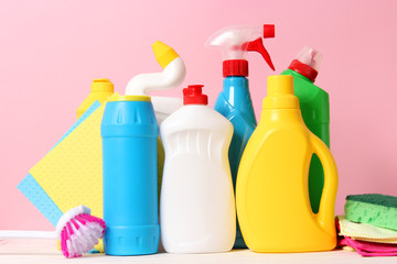  cleaning product on a colored background side view. Professional cleaning products, spring cleaning. Household chemicals