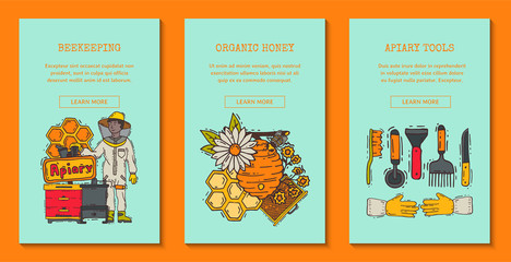 Fototapeta premium Beekeeping set of banners, apiary and beekeeper in protective suit vector illustration. Man with equipment. Honeycomb, honey from beehive, jar with organic honey. Bees swarm flying over flowers.
