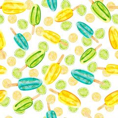 Watercolor bright green, yellow and blue popsicle seamless pattern on citrus