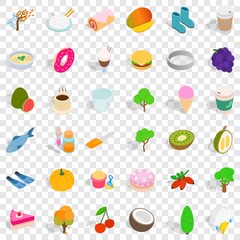 Healthy food icons set. Isometric style of 36 healthy food vector icons for web for any design